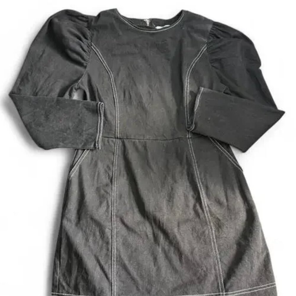 STELEN Black Denim Mini Dress with Puffy Sleeves and Contrast Stitching- Large